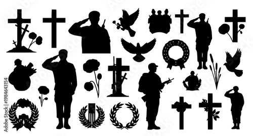 Soldier memorial graphic elements silhouette collection with memorial