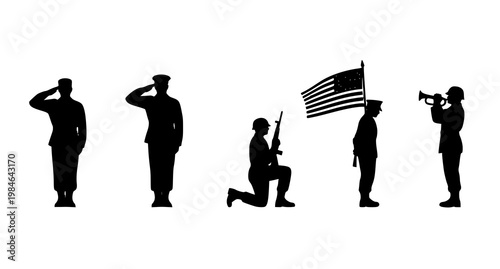 Soldiers in formation saluting and holding flag graphic with military