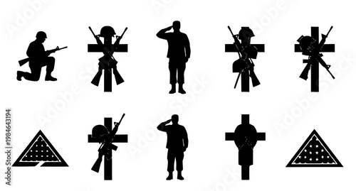 Fallen soldier memorial crosses and military graphics with armed forces
