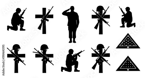 Military memorial graphic elements with soldiers and crosses, air force