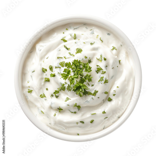 Sour cream and onion dipping sauce in a small white bowl, flat lay view, isolated background, food concept, minimal style, high resolution