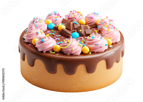 3D cute chocolate birthday cake decorated with cream and colorful candy-coated chocolates, isolated background, celebration concept, festive dessert, high resolution