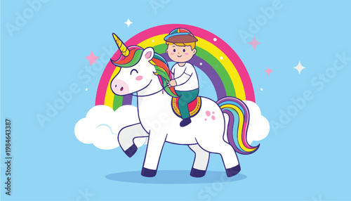 vector Cute Boy Riding a Magical Unicorn with Rainbow and Clouds