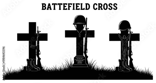 Battlefield cross memorial with rifles helmets and boots on grass