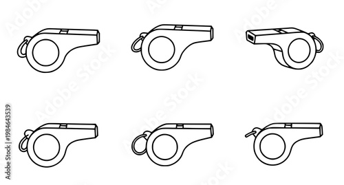 Six whistle graphics in outline style with illustration, multiple