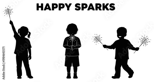 Children silhouettes holding sparklers during celebration with festive glow