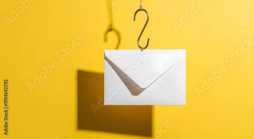 A white envelope hangs suspended by a metal hook against a vibrant yellow background