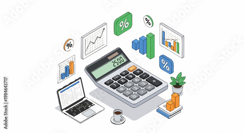 Isometric Financial Analysis and Accounting Concept with Calculator, Laptop, and Business Growth Charts
