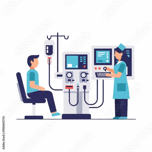 Nurse operating dialysis machine for patient receiving treatment.