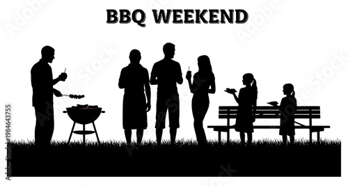 Family BBQ gathering silhouette against a white background with grass and a bench
