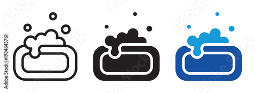 Soap bar icon set with foam bubbles hygiene and cleaning symbols in outline and solid style vector illustration collection