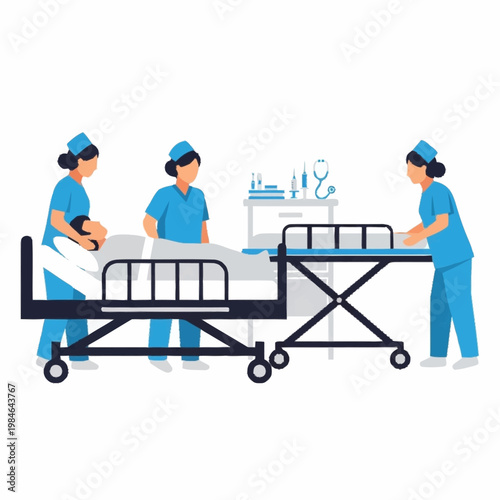 Nurses Transferring Patient From Bed To Stretcher.