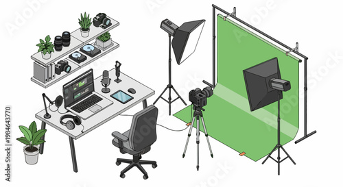 Isometric Professional Video Production Studio Setup with Green Screen, DSLR Camera on Tripod, Softbox Lights, and Content Creator Workspace