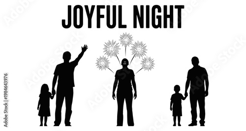 Family silhouette celebrating fireworks during a festive night event