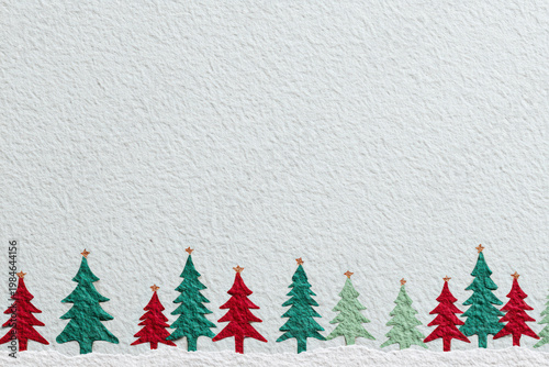 Background wallpaper, blank textured drawing paper with copy space, decorated with small cute Christmas trees aligned at the bottom, festive minimal design, high resolution, copy space