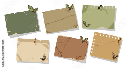 Collection of six vintage torn paper notes with leaf accents pinned to a white background, evoking a rustic feel