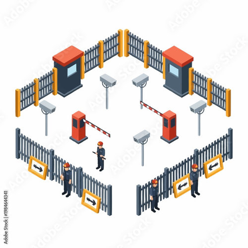 Security checkpoint with barriers and guards isometric view.