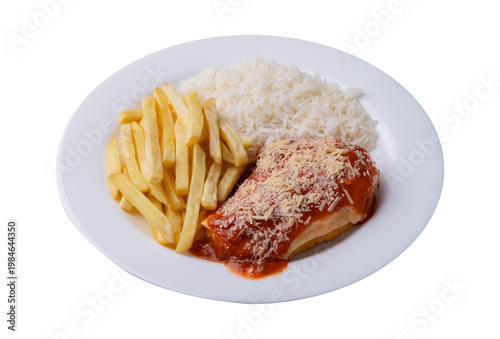 Parmegiana chicken breast, rice and french fries. Typical brazilian executive dish isolated over white background
