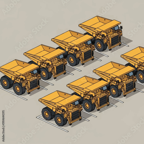 Row of Yellow Mining Dump Trucks Parked in Lot.