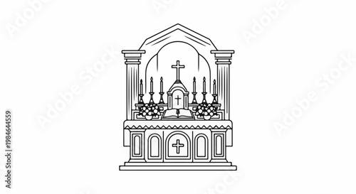 Stylized line art of a religious altar with cross, candles, flowers, and open book