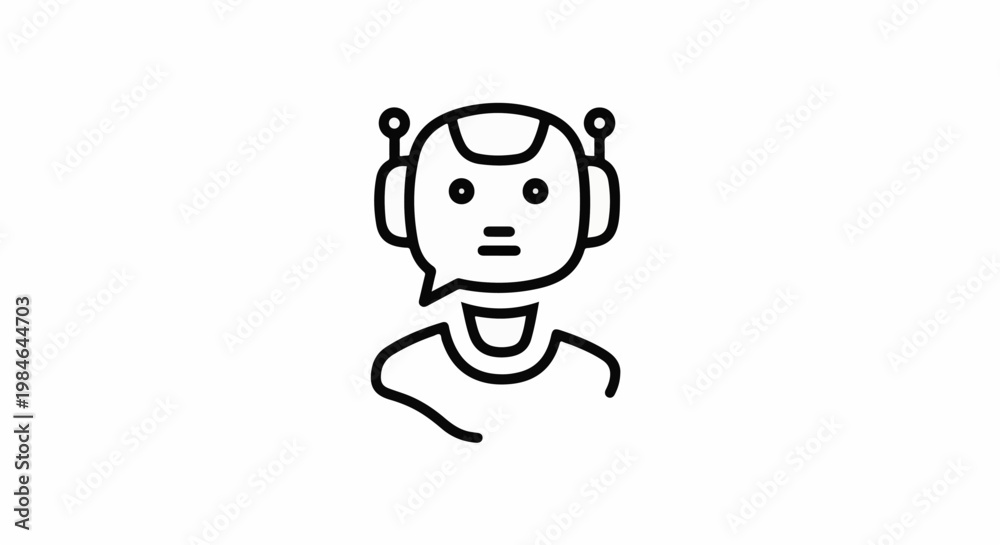 Fototapeta premium Stylized line art of a robot head with antennae and speech bubble