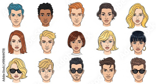Diverse Group of Stylized People Faces Collection.