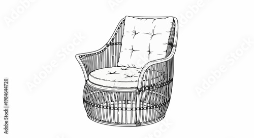 Stylized line art of a rattan armchair with plush cushions