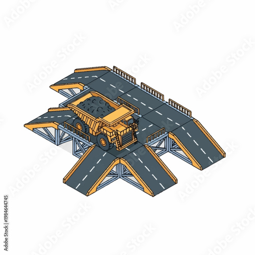 Yellow dump truck on a miniature road construction site.