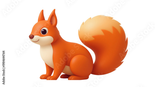 3D a cute cartoon illustration of a funny orange squirrel with a nut and acorn featuring a long bushy tail in a flat vector art style