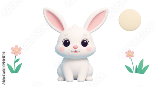 3D cartoon an adorable white cartoon bunny with pink ears
