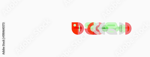 Simple graphic features red, green, light blue shapes. Minimalist design, horizontal arrangement, white background dominates image.