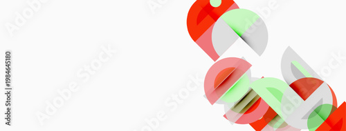 Abstract geometric shapes overlap, creating colorful visual effect. Red, green, gray tones dominate composition. Minimalist design.