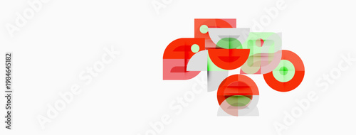 Abstract geometric shapes, red, green, white. Overlapping circles, squares create modern design. Minimalist composition, clean aesthetic.