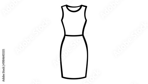 Minimalist black line vector icon illustration of a sleeveless sheath dress for women's fashion, apparel design, and clothing retail concepts, isolated on a white background for web and print.
