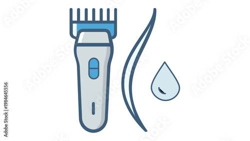 Professional bikini line hair removal vector icon illustration featuring an electric trimmer, a hair strand, and a water droplet for hygiene, personal grooming, and body care services.