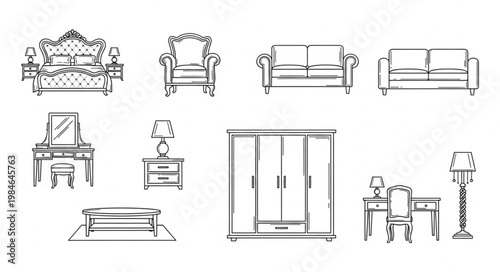 Collection of elegant furniture sketches in black and white.