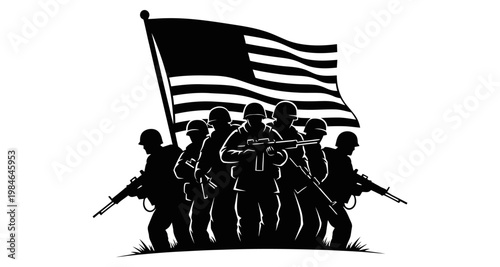 Patriotic soldiers silhouetted against the American flag on grassy field