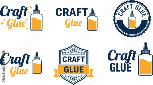 Craft glue logo set, adhesive branding collection, DIY tool badge design, handmade craft typography, bottle icon vector illustration for packaging