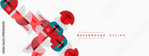 Abstract geometric shapes overlap, creating dynamic visual texture. Light colors dominate, with red accents. Minimalist design feels modern.