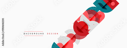 Abstract geometric shapes overlap, creating dynamic visual effect. Minimalist design features red, blue, gray tones. Background text present.