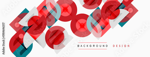 Abstract geometric shapes overlap, creating dynamic visual texture. Red, teal, white colors dominate composition. Modern design element.