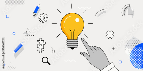 A bright idea hand pointing towards a glowing yellow lightbulb illustration