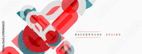 Abstract geometric shapes overlap, creating dynamic visual effect. Red, gray, blue hues dominate composition. Minimalist design.