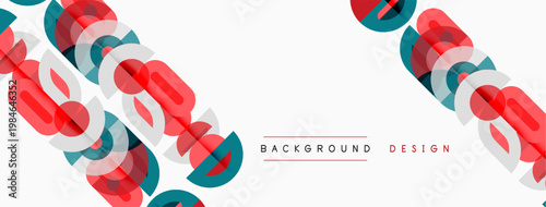 Abstract geometric pattern. Overlapping shapes create dynamic visual texture. Red, teal, gray colors dominate design. Minimalist style.