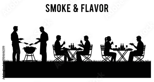 Silhouette of people enjoying a barbecue during a summer gathering with food and drinks