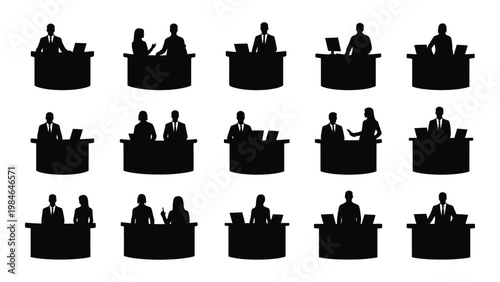 A collection of black silhouette figures seated at individual desks with laptops representing a modern workspace