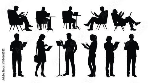 A collection of black silhouette figures depicting people in various seated and standing positions high quality