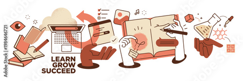 Learn grow succeed concept with hands writing and using laptop education learning progress illustration business knowledge development inspiration creativity strategy planning motivation