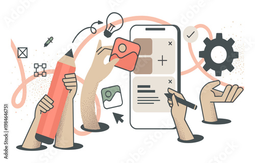 App development and design process with hands holding devices and tools user experience application smartphone programming illustration creativity technology software interface development