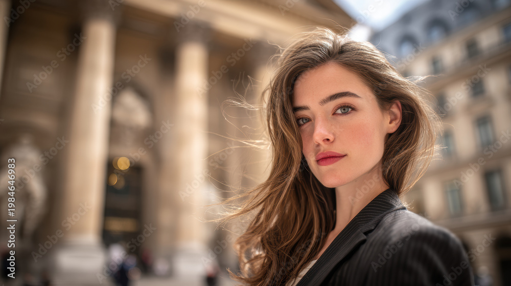 Fototapeta premium Female diversity. Human rights, equal opportunity concept. A portrait of a young woman captured in a candid moment in an urban setting. She has long, wavy brown hair and striking blue eyes.